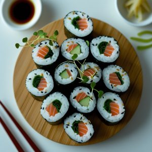 Rice-Free Sushi Rolls, Keto-friendly sushi rolls without rice, garnished with sesame seeds and microgreens for a fresh, healthy look.